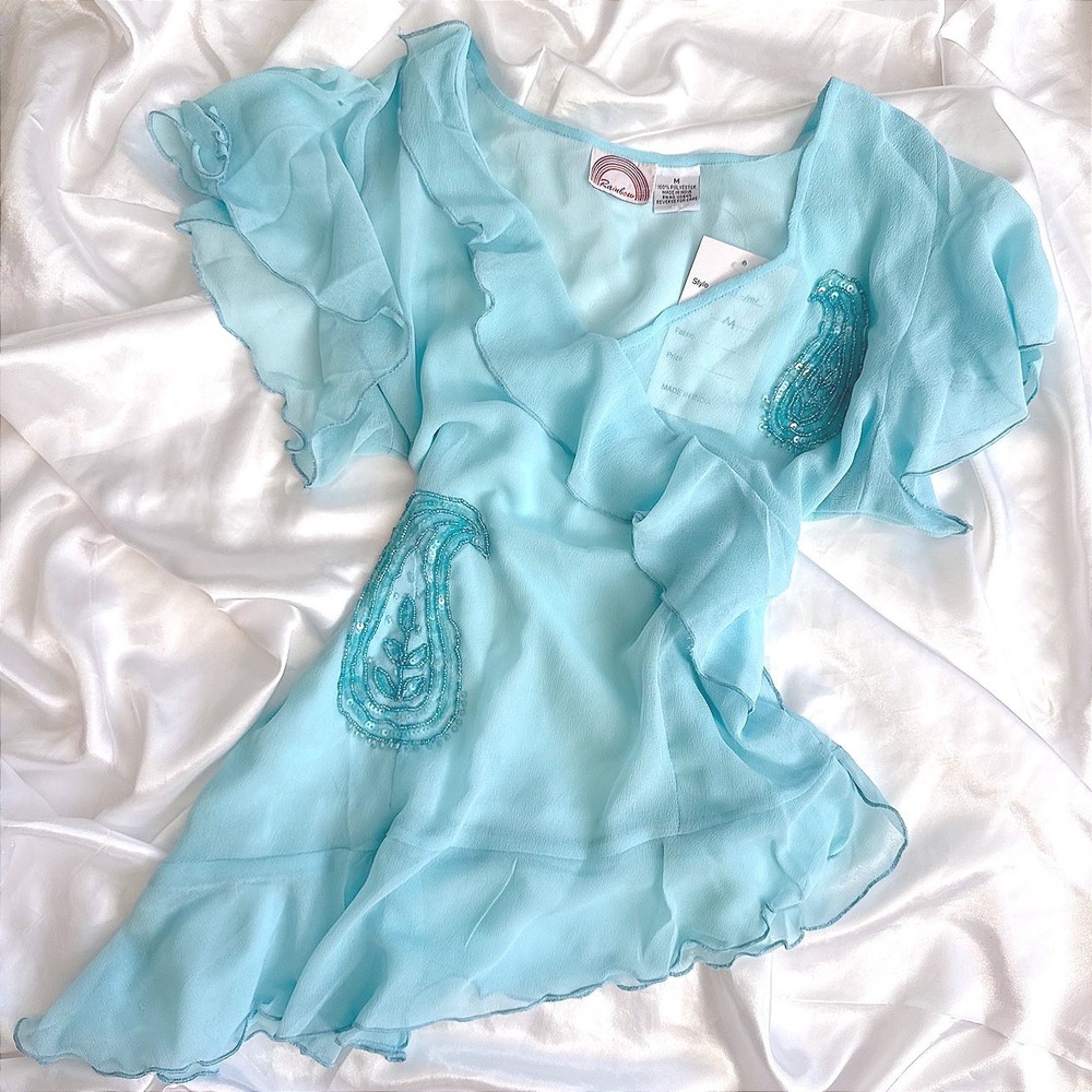 Rainbow Light Blue Sheer Ruffle Blouse Beaded Paisley Sequin Flutter Sleeve M
